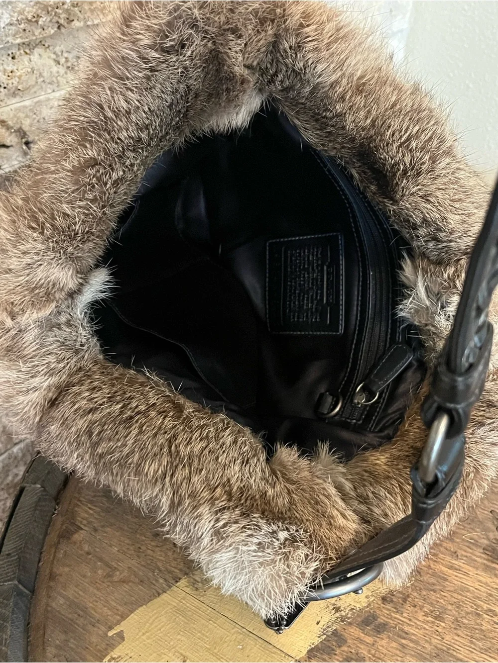 Coach Vintage Black Leather and Rabbit Fur Shoulder Bag